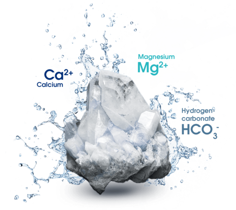 A white mineral crystal in a splash of water, labelled with calcium, magnesium and bicarbonate ions